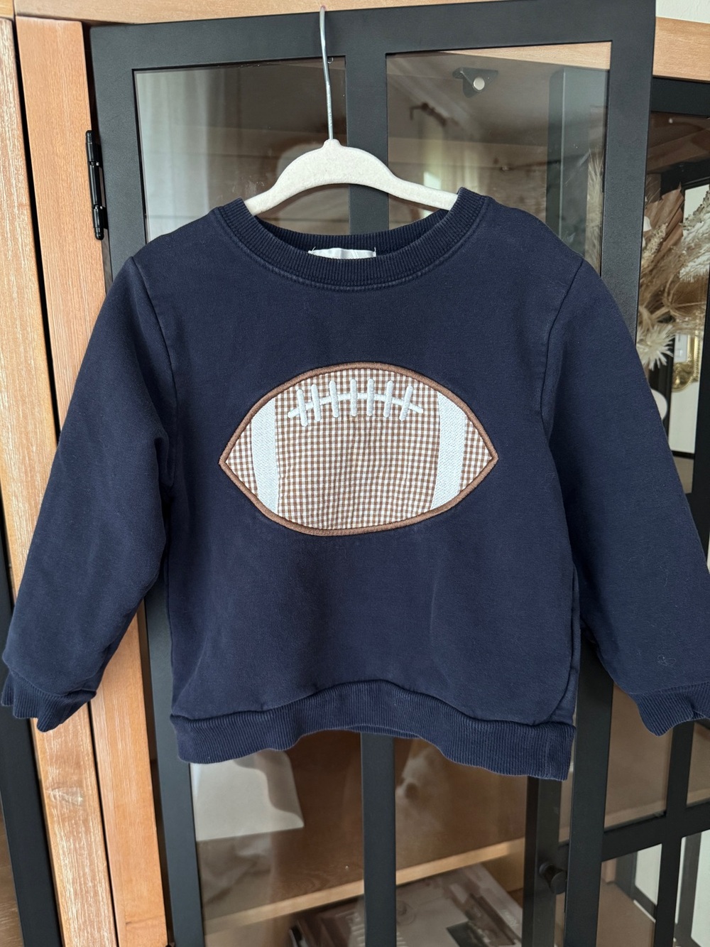 Cecil & Lou football applique crewneck navy sweatshirt gingham toddler boy